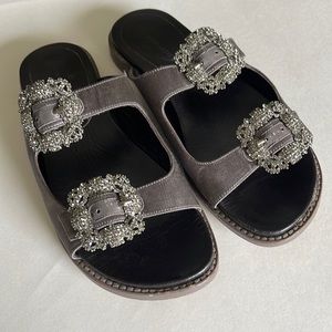 Manolo Blahnik Charcoal Sturlushangi Satin Slide Rhinestone Buckle Sandals